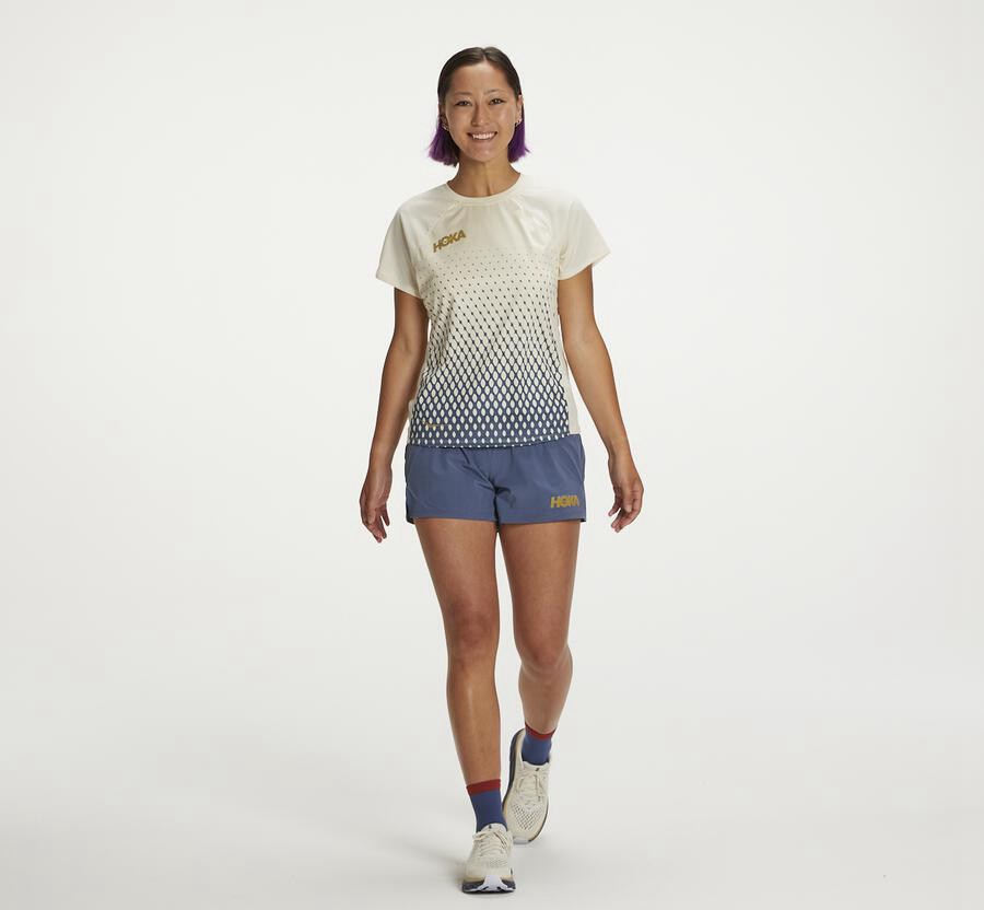 Top Hoka One One Mujer - Performance Short Sleeve - Azules/Blancas - HUL201983